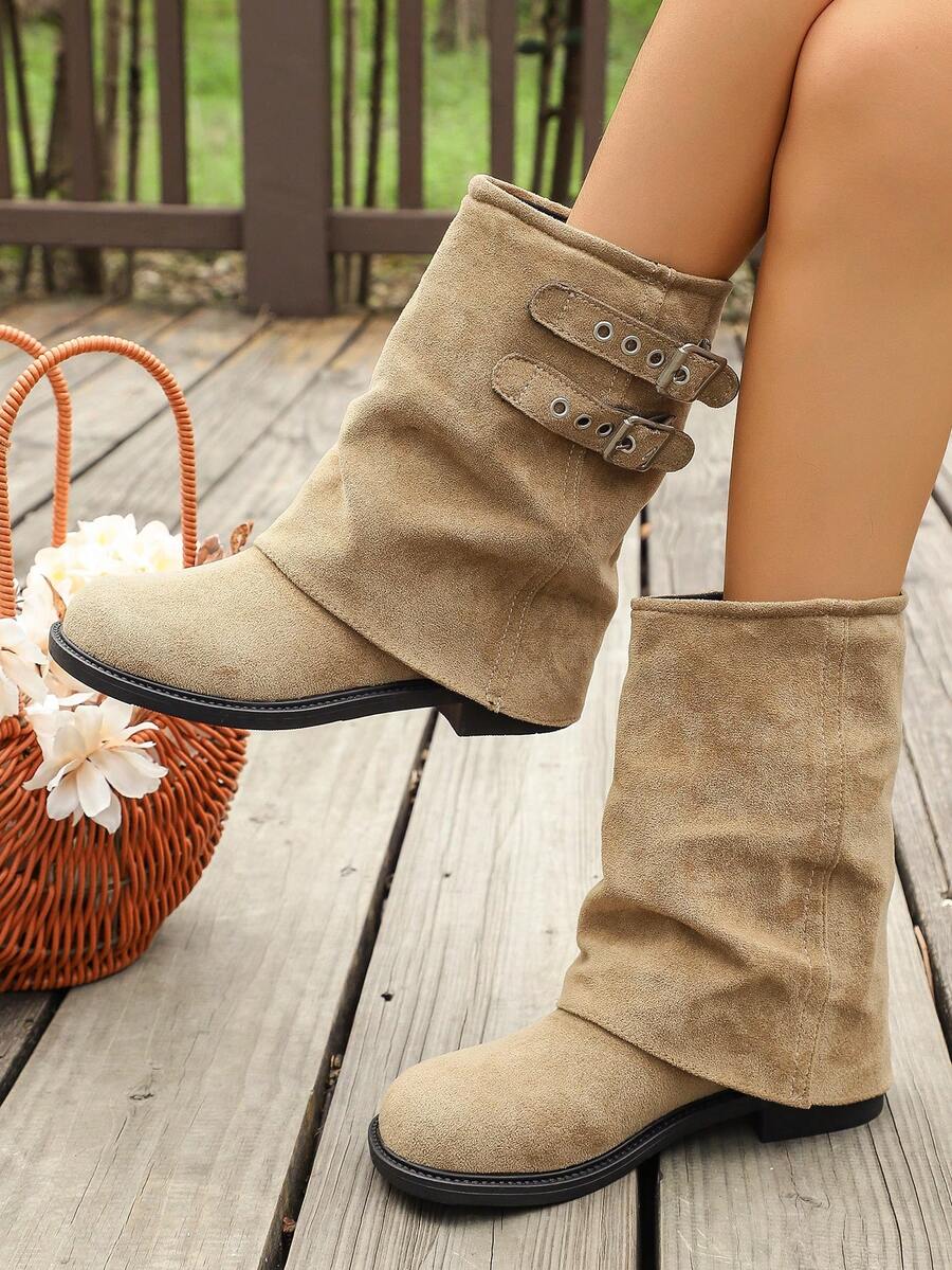 Autumn/Winter New Vintage Style Khaki Women's Short Boots Round Toe Flat Slip-On Ruched Stacked Boots Commute Outfit Travel Versatile - Khaki - View 1