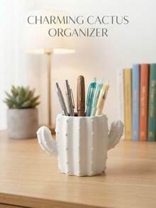 1pc Dual-Color Optional Cactus Shaped 3D Printed Pen Holder, Cute Succulent Style Desktop Pencil Organizer, Decorative Office Student Stationery Storage - Cactus - View 2