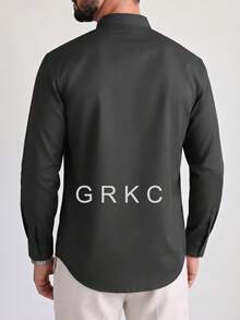 GRKC Men's Stand Collar Long Sleeve Wrinkle-Resistant Woven Loose Fit Business Casual Commute Shirt, Autumn/Winter - Black - View 4