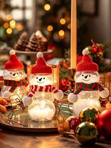 1 Set Transparent Snowman Shaped Plastic Storage Canister With Hat And Red & White/Red & Green Striped Scarf, Suitable As Christmas Party Favor, Christmas Table Decor, Christmas Dessert Table Decoration Or Afternoon Tea Party Gift - Multicolor - View 8