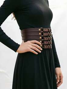 1pc Women's Coffee Color Punk Fashion Multi-Hole Metal Belt, Versatile Hollow Decorative Accessory - Brown - View 4