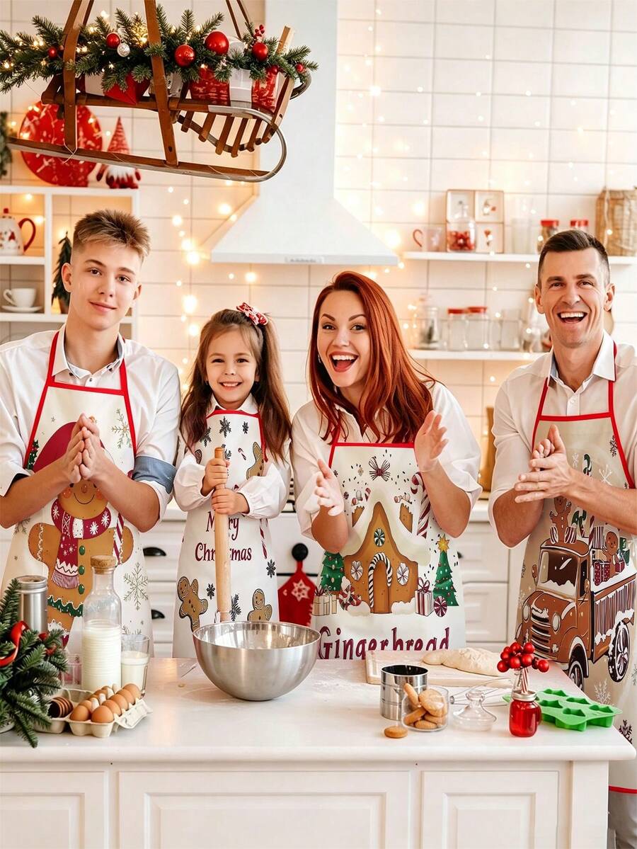 1/2/4pcs Christmas Gingerbread Apron, Filled With Festive Atmosphere. Suitable For Kitchen Cooking, A Great Item For Family Gatherings. Also Makes A Wonderful Gift For Friends. - Multicolor - View 1