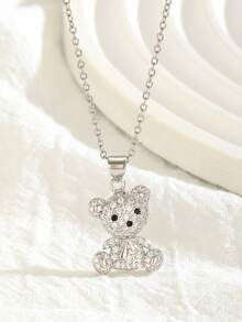 1pc Cute Rhinestone Teddy Bear Pendant Necklace Sparkly Gold Silver Tone Charm Fashion Jewelry For Girls Daily Wear Party Birthday Gift Kawaii - Multicolor - View 7