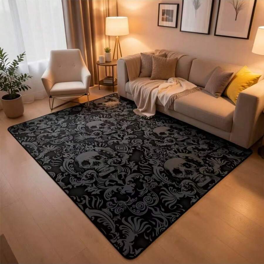 1pc Gothic Skull Print Area Rug, Anti-Slip Non-Slip Flannel Super Soft Living Room Carpet, Crawling Mat For Indoor Living Room, Bedroom, Game Room, Home Decor Room Decoration - Black - View 1