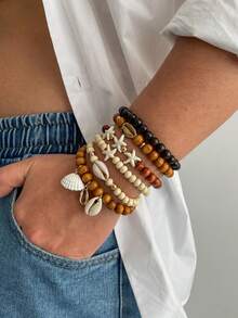 6pcs Bohemian Ocean Style Coconut Shell Beaded Bracelet Set With Starfish Shell Pendant, Men's Beach Party Vacation Charm Jewelry - Multicolor - View 4
