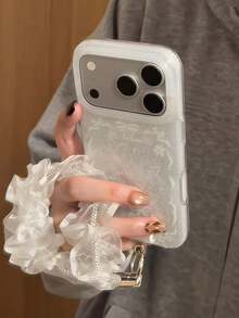 Lace Bow Lily Flower Phone Case Compatible With Apple 17 Pro Max 16 Pro 15 Women's Full Coverage Anti-Fall Protective Cover With Wrist Strap - White - View 2