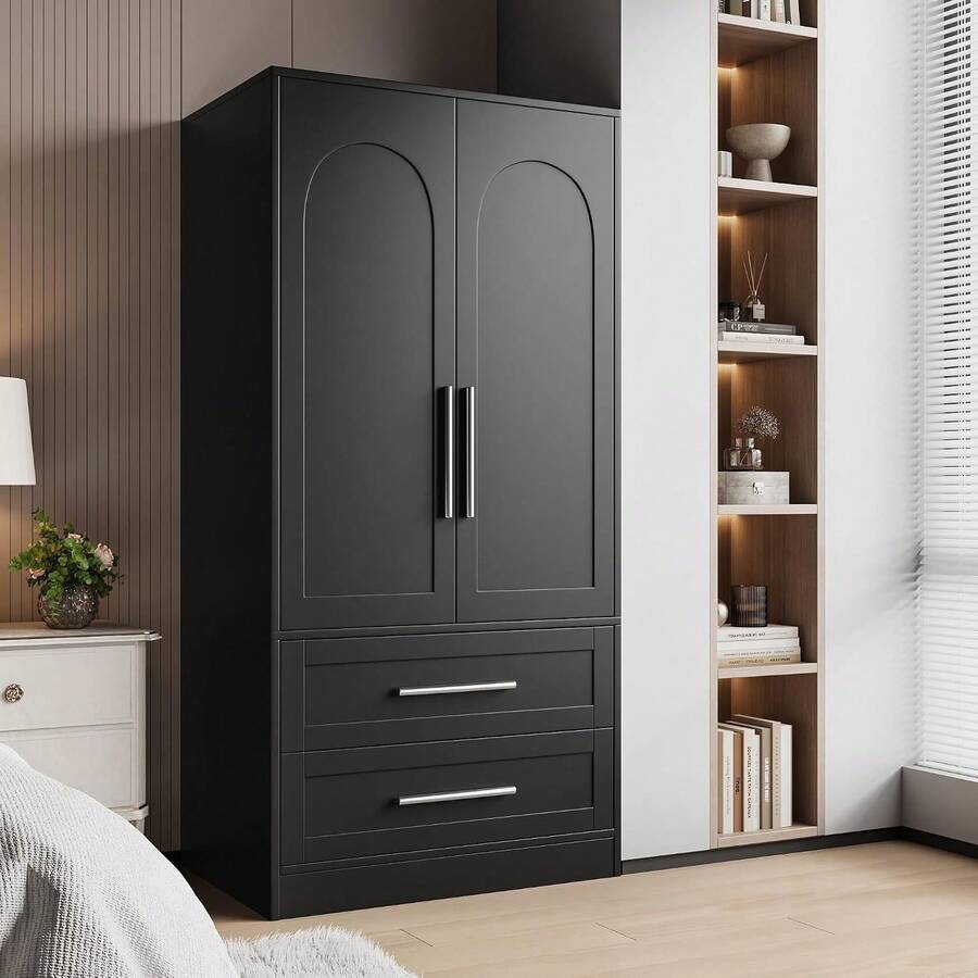 Armoire Wardrobe Closet With 2 Drawers, Bedroom Clothing Storage Cabinet With Shelves And Aluminum Hanging Rod, Freestanding Clothes Organizer With Magnetic Door Catch - Black - View 1