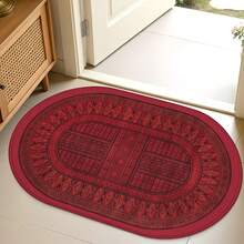 1pc Oval Flannel Door Mat, Red Geometric Pattern, Soft Comfortable Absorbent Non-Slip Machine Washable With Anti-Slip Backing, Suitable For Doorway, Living Room, Bedroom, Kitchen, Bathroom, Patio, Entryway, Laundry Room, Multi-Functional Home Floor Mat Holiday Decor Carpet - Multicolor - View 4