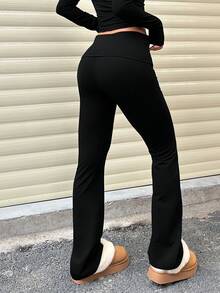 Women's Casual Solid Color Wide Waist Flare Pants, High Waist Pleated Slim Leggings Spring Black, Effortless Style Fall - Black - View 6