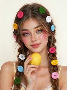 6/1pc Candy Color Button Hair Clips, BB Hair Clips, Non-Slip Glossy Hair Clips, Y2K Style Women's Daily And Campus Fashion Accessories - Multicolor - View 3