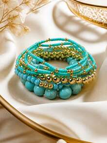 7pcs Vintage Western Cowboy Style Green Faux Turquoise CCB Beaded Elastic Bracelets For Women, Suitable For Daily Commute, Vacation And Party Wear - Turquoise - View 2