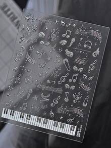 1 Silver Glitter Music Note Nail Luxury Sticker, Piano Keyboard Headphone Microphone Music Symbol Self-Adhesive Nail Art Sticker, Rock Music Theme Nail Decoration DIY Nail - Multicolor - View 1