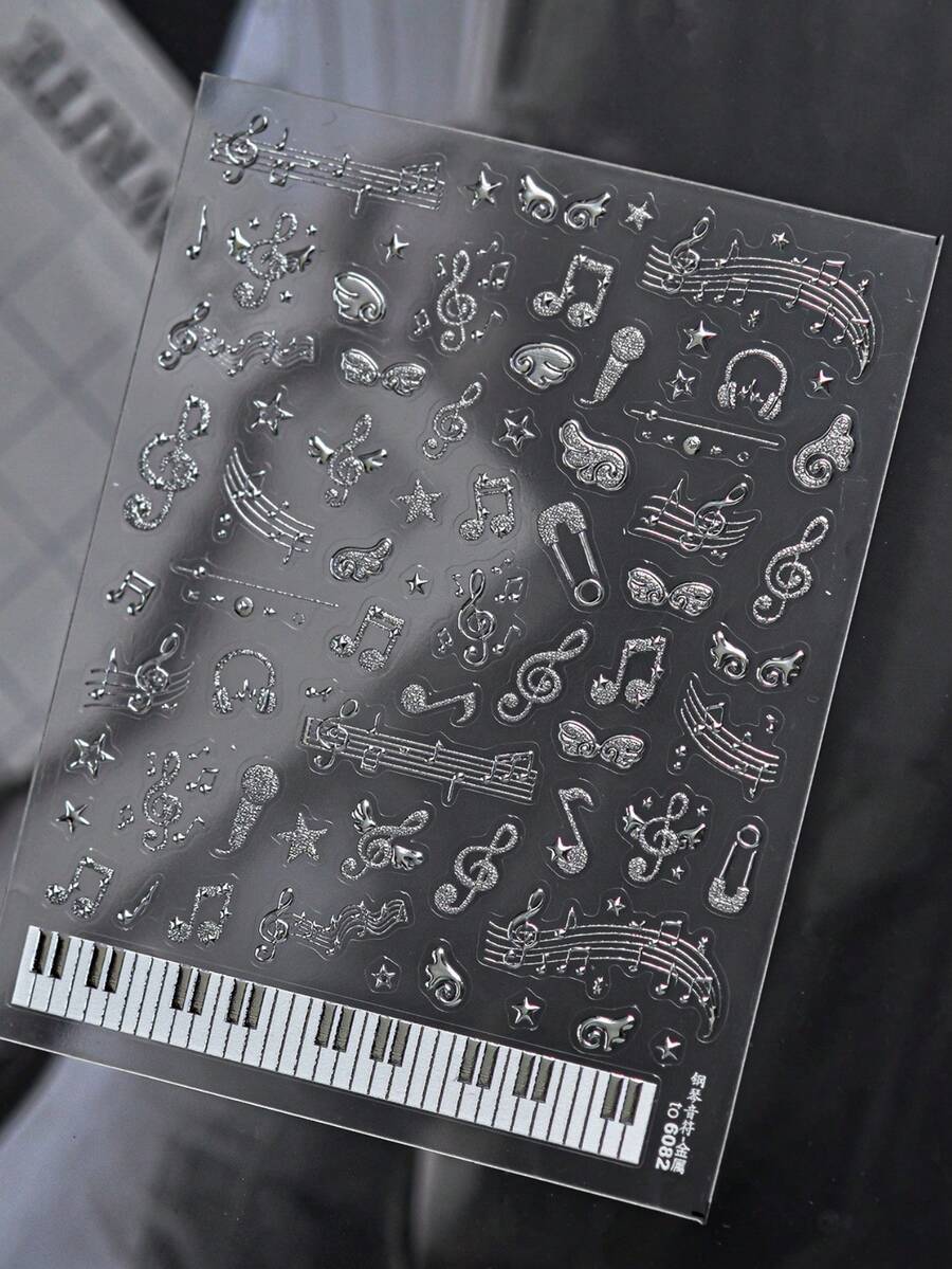 1 Silver Glitter Music Note Nail Luxury Sticker, Piano Keyboard Headphone Microphone Music Symbol Self-Adhesive Nail Art Sticker, Rock Music Theme Nail Decoration DIY Nail - Multicolor - View 1