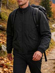 Men's Casual Black Utility Jacket With Multiple Pockets And Turn-Down Collar, Suitable For Everyday Casual Wear - Black - View 1