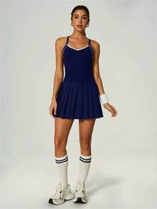 UONNOU Women's Cross Back Pleated Hem Dress With Built-In Shorts, Suitable For Golf And Fitness - Navy Blue - View 8
