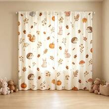 2 Stück Herbst Kleine Tiere Eichel Muster Vorhänge, mit Eichhörnchen, Igel, Hase, Eichel, Kürbis, Herbstblatt, Pilz Mustern, 2D Flachdruck, lichtdurchlässiger Stoff, Stangendurchzug Design, Herbst Schlafzimmer, Wohnzimmer, Kinderzimmer Fensterdekoration, Thanksgiving Vorhänge - Verschiedenfarbig - Übersicht 10