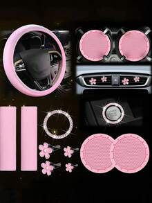 Women's Genuine Leather Steering Wheel Cover 10-Piece Set 14.5-15 Inch Car Accessories With Seat Belt Shoulder Pads, Seat Belt Cover Cup Holder, Start Button Ring Sticker - A - View 2