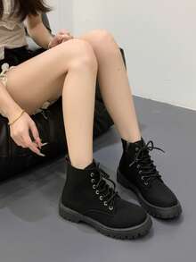 Sepatu Bot Ankle Fashion Wanita Ukuran Plus, Sepatu Bot Ankle dengan Tali dan Resleting Samping, Sol Tebal Anti Selip, Cocok untuk Pemakaian Luar Ruangan Sehari-hari - Hitam - View 5