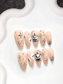 10 piezas de uñas postizas con tema de Halloween, estilo lindo hecho a mano, set de arte de uñas de polygel, uñas con calabaza, fantasma, negro & blanco con strass, estilo dulce & cool, incluye herramientas para uñas, 3 tamaños disponibles, forma almendra/pato/ataúd, adecuado para fiesta, baile, uso diario - Multicolor - Ver 15