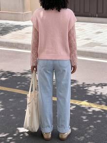 2pcs Pink Knitted Sweater Set, Soft Loose Stand Collar Sleeveless Vest With Lace Patchwork Top, Elegant Style - Pink - View 6