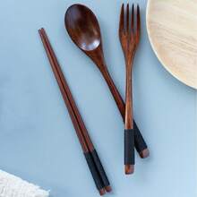 3pcs Wooden Flatware Set,Wooden Convenient Tableware Spoon Chopsticks And Fork,Kitchen,Christmas Gift,School Supplies - Brown - View 9