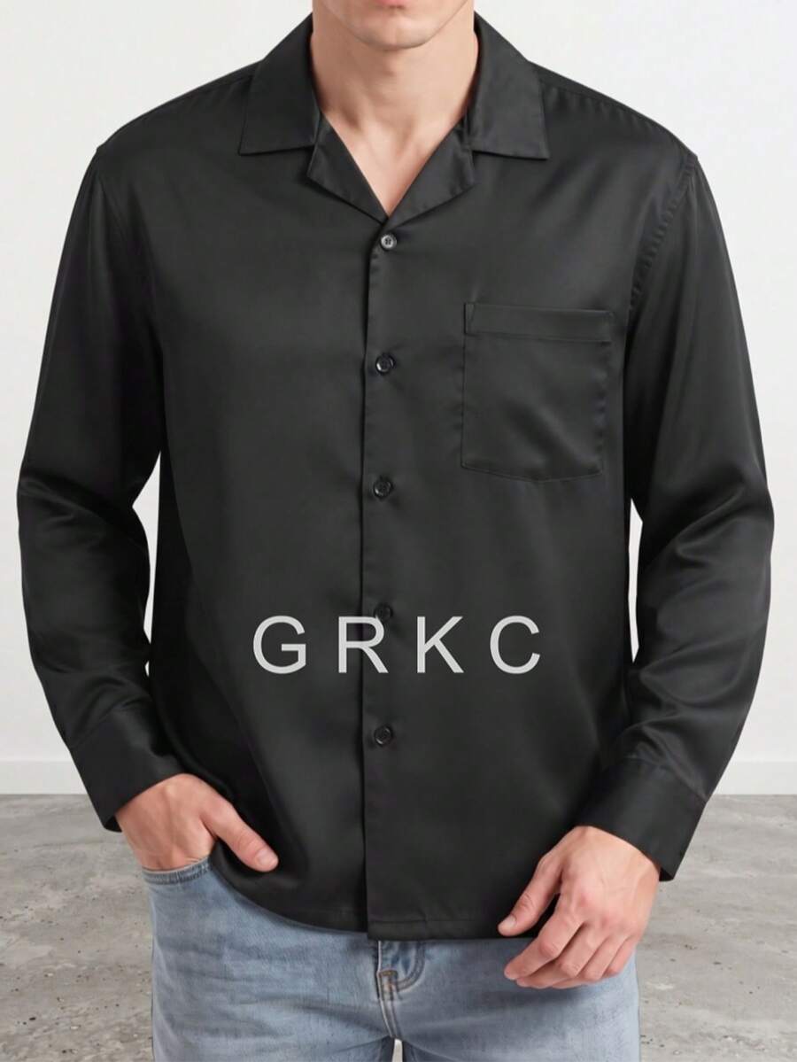 GRKC 男士領長袖梭織寬鬆休閒鈕扣襯衫,秋冬款 - 黑色 - 查看 1