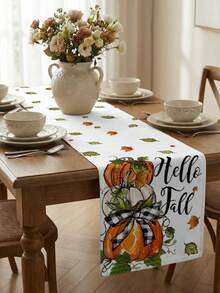 1件 Hello Fall 桌旗，水牛格紋蝴蝶結南瓜楓葉白色背景，適用於室內/戶外派對、廚房、居家餐桌裝飾、客廳長方形餐桌、餐廳 - 白色 - 查看 3