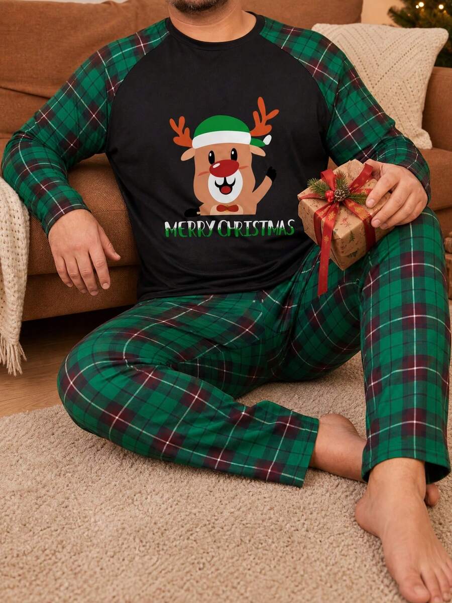 Men's Plus Size Christmas Loungewear, Cute Reindeer Print Long Sleeve Top + Green Plaid Pants Pajama 2 Pieces Set - Multicolor - View 1