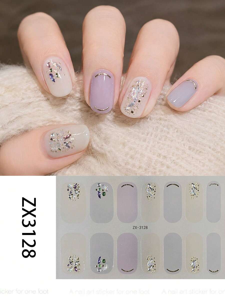 1 Sheet Unique, Minimalist Full-Coverage Nail Stickers. Featuring A Solid-Color Design In Apricot And Light Purple, Accented With Various Rhinestones, These Stickers Are The Perfect Choice For Women And Girls To Decorate Their Nails.