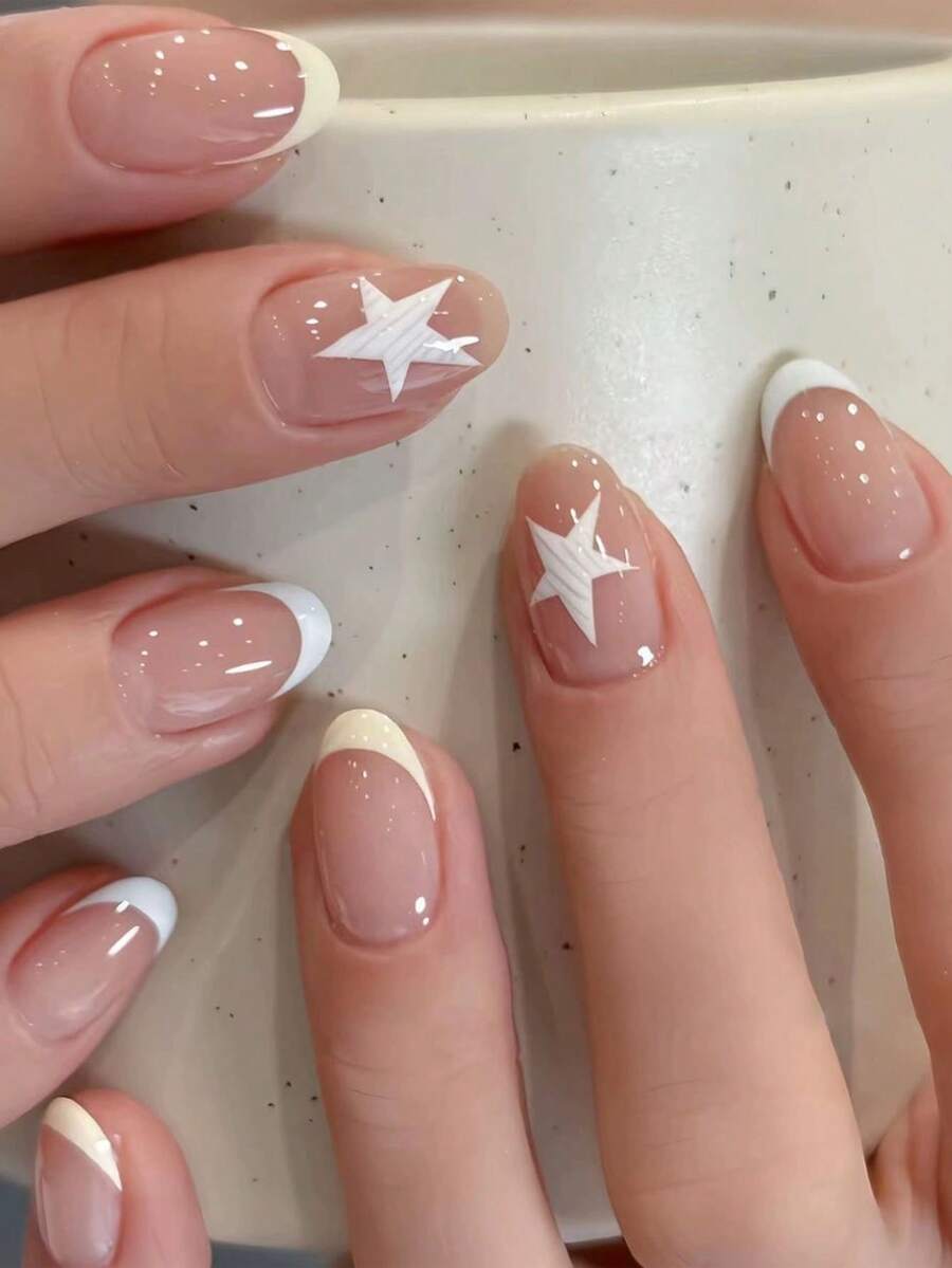 24pcs-blue-yellow-french-star-short-oval-sweet-cute-style-fresh