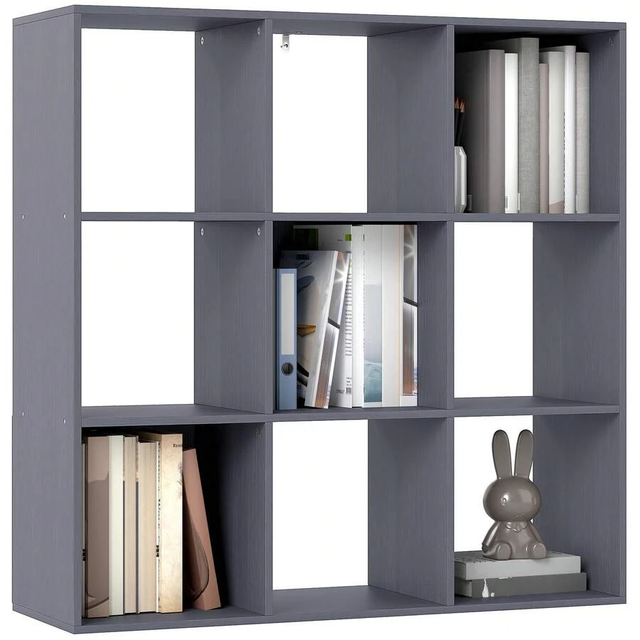 3-laags boekenkast met 9 vakken, voor woonkamer, kantoor, slaapkamer, 91x29,5x91cm, grijs - A - Bekijken 1