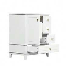61 Cm Floor-Standing Bathroom Vanity, White Lacquer, With Three Drawers, Single Door With Shelves And Large Storage Space Under The Sink, Faucet Not Included - White - View 9