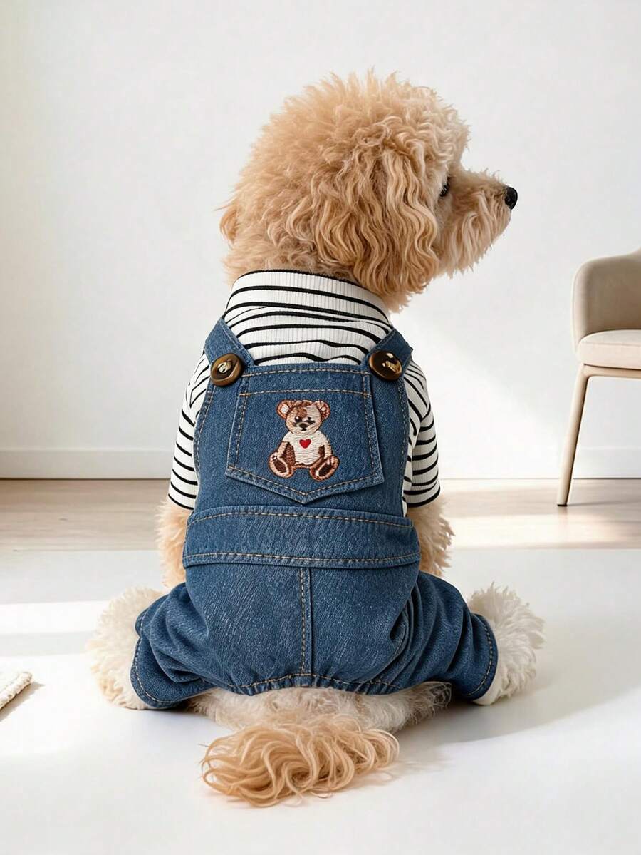 PETCIRCLE 1 Buah Pakaian Hewan Peliharaan Anjing Kecil Anak Anjing Lucu untuk Jalan-jalan Sehari-hari Motif Garis-garis Beruang Teddy Jumpsuit - MultiWarna - View 1