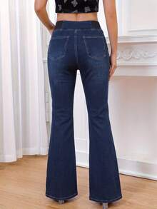 Celana Jeans Flare Wanita Pinggang Tinggi Elastis dengan Hiasan Bintang Rhinestone, Celana Jeans Flare Elastis Warna Gelap - Dark Wash - View 2