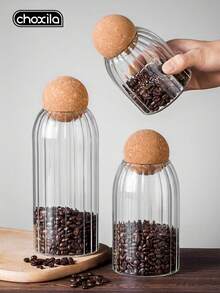 3pcs Glass Jars With Soft Cork Lids, Sealed Round Cork Stoppers, Transparent Candy Food Storage Containers For Spices, Salt, Sugar, Coffee, Tea, Kitchen Organizers Storage Jars - Transparent vertical stripes - View 1