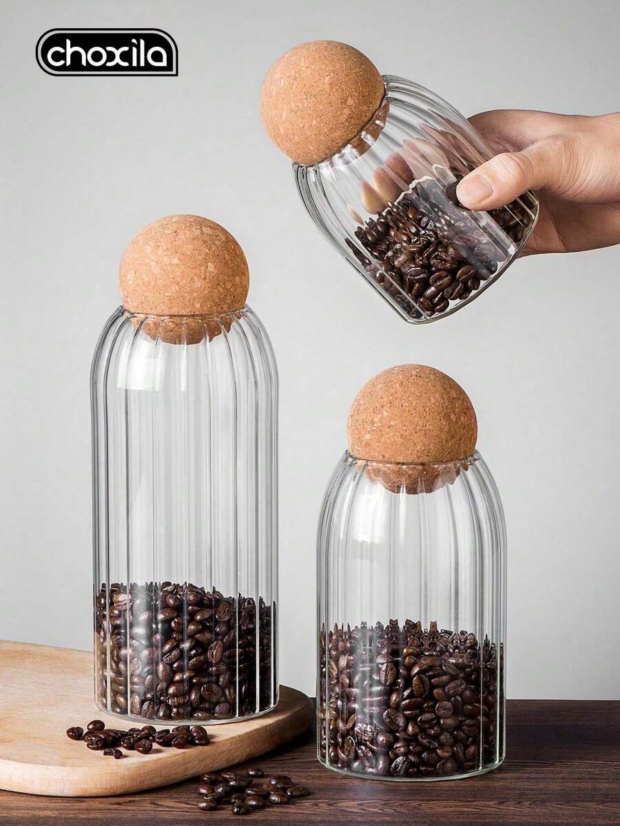 3pcs Glass Jars With Soft Cork Lids, Sealed Round Cork Stoppers, Transparent Candy Food Storage Containers For Spices, Salt, Sugar, Coffee, Tea, Kitchen Organizers Storage Jars - Transparent vertical stripes - View 1