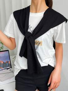 1件新款針織條紋女款披肩，搭配薄款女式小肩帶，適合辦公室或戶外使用 - 2號純色黑 - 查看 2