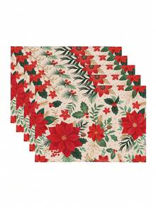1pc Christmas Series Pattern Printed Table Runner, 4pcs Christmas Pattern Printed Placemats, Suitable For Holiday, Party, Birthday, Dinner, Kitchen Dining Table Decoration, All Season Room Decor, Home Textile Decoration Table Runner - Multicolor - View 12