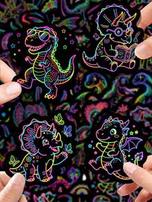 50Pcs Brilliant Neon Outline Dinosaur Pp Stickers, Cartoon Patterns Of T‑Rex And Triceratops In Various Poses And Patterns, Suitable For Luggage, Helmet, Guitar, Scrapbook, Water Bottle - Multicolor - View 2