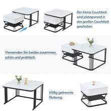 Nesting Coffee Table Set Of 2, Modern Marble Effect Coffee Tables With Storage Drawer, Extendable Side End Table With Metal Frame For Living Room - White - View 6