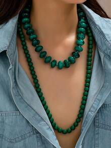 OABE Set Kalung Manik-Manik Hijau Gaya Bohemian 2 Buah/Set, Desain Berlapis, Cocok untuk Pemakaian Sehari-hari Wanita - Hijau - View 2