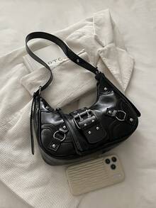 New Vintage Fashion Faux PU Leather Crescent Bag, Metal Belt Buckle, Y2K Style Rivet Decor, Zipper Closure, Lightweight Minimalist, Small Capacity Soft Texture Shoulder Underarm Bag, Suitable For Women's Daily Life, Casual, Commute, Work, Vacation And Student Use - Black - View 4