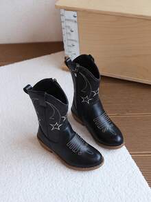 1雙女童刺繡中筒靴，兒童亮片中筒靴附側拉鍊，防滑復古時尚靴 - 黑色 - 查看 5