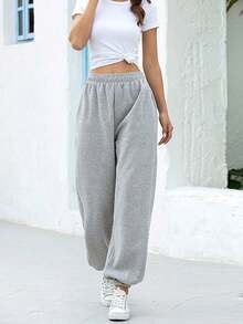YI XUAN Women's Casual Grey Knitted Fabric Jogger Sweatpants With Pockets, Cropped Length For Sporty Preppy Style, Perfect For Fall Lounging - Light Grey - View 11
