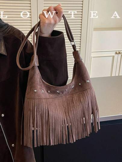 low tea 1pc Crescent Moon Shaped Suede Fabric Shoulder Bag, Suitable For Commuting, Shopping, Etc.
