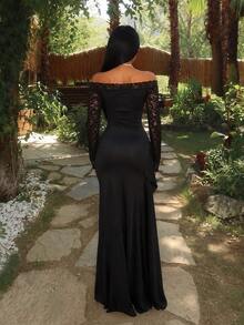 Elegant Sexy Lace Off-Shoulder Slit Evening Dress, Ruched Waist Design, Perfect For Evening Parties And Balls - Black - View 2