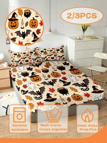 2/3PCS Halloween Cartoon Fitted Sheet Set Pumpkin Bat Print Fitted Sheet Set Soft Breathable Bedding For All Seasons Twin/Full/Queen 100% Polyester Machine Washable - Multicolor - View 4