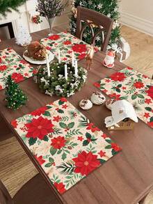 1pc Christmas Series Pattern Printed Table Runner, 4pcs Christmas Pattern Printed Placemats, Suitable For Holiday, Party, Birthday, Dinner, Kitchen Dining Table Decoration, All Season Room Decor, Home Textile Decoration Table Runner - Multicolor - View 6