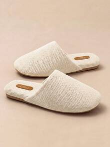 Japanese Style Autumn/Winter Home Bedroom Indoor Closed-Toe Slippers, Minimalist Solid Color Striped Pattern Shoes Design Women's Slippers - Beige - View 6