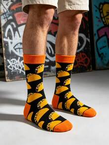 1 Pair Men's Black Bottom With Orange Taco Pattern Mid-Calf Socks, Fun Street Style, Suitable For Spring/Summer/Daily Wear/Skateboarding/Holiday Gift - Multicolor - View 6